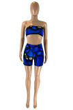Peacock Blue Fashion Sexy Print Backless Strapless Sleeveless Two Pieces
