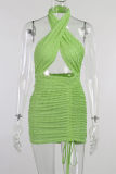 Green Fashion Sexy Solid Hollowed Out Backless Halter Sleeveless Dress