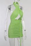 Green Fashion Sexy Solid Hollowed Out Backless Halter Sleeveless Dress