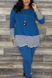 Orange Casual Striped Patchwork O Neck Long Sleeve Two Pieces