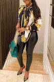 Yellow Black Fashion Casual Print Basic Long Sleeved Shirt Tops