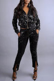 Black Fashion Casual Patchwork Sequins Zipper Collar Long Sleeve Two Pieces