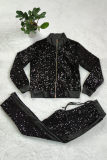 Black Fashion Casual Patchwork Sequins Zipper Collar Long Sleeve Two Pieces
