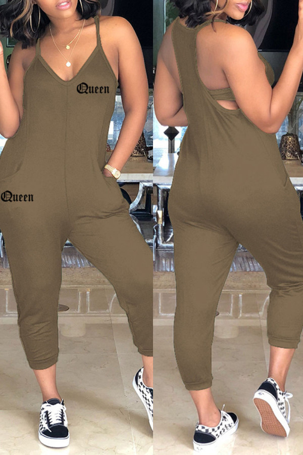 Khaki Sexy Casual Letter Print Backless Spaghetti Strap Regular Jumpsuits
