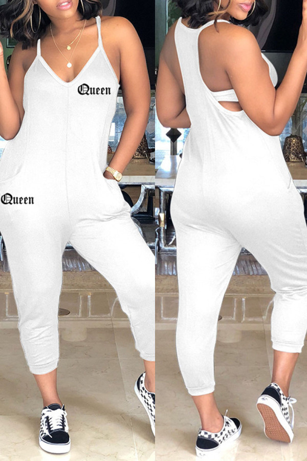 White Sexy Casual Letter Print Backless Spaghetti Strap Regular Jumpsuits