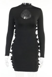 Black Fashion Sexy Solid Hollowed Out Turtleneck Long Sleeve Dresses