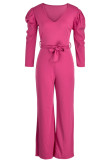 Rose Red Casual Solid Patchwork With Belt V Neck Straight Jumpsuits(Contain The Belt)