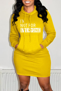 Yellow Fashion Casual Letter Print Basic Hooded Collar Long Sleeve Dresses