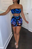 Peacock Blue Fashion Sexy Print Backless Strapless Sleeveless Two Pieces