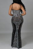 Black Fashion Sexy Patchwork Hot Drilling See-through Backless Spaghetti Strap Long Dress