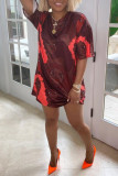 Burgundy Fashion Casual Print Basic O Neck T-shirt Dress