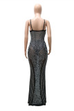 Black Fashion Sexy Patchwork Hot Drilling See-through Backless Spaghetti Strap Long Dress