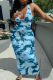 Blue Sexy Print Patchwork U Neck Pencil Skirt Dresses
