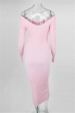 Pink Fashion Casual Solid Basic V Neck Long Sleeve Dresses