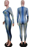 Blue Sexy Print Patchwork O Neck Regular Jumpsuits