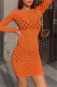 Orange Fashion Sexy Solid Hollowed Out See-through O Neck Long Sleeve Dresses