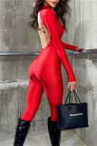 Red Fashion Sexy Solid Hollowed Out Backless Half A Turtleneck Skinny Jumpsuits