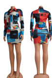 Multicolor Casual Print Split Joint Buckle Turndown Collar Long Sleeve Two Pieces