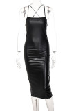 Black Sexy Solid Patchwork Backless Spaghetti Strap One Step Skirt Dresses