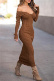 Brown Fashion Casual Solid Basic V Neck Long Sleeve Dresses