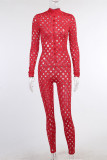 Red Fashion Sexy Solid Hollowed Out See-through Half A Turtleneck Skinny Jumpsuits