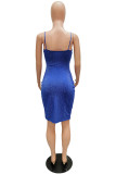 Blue Fashion Sexy Solid Backless Fold V Neck Sling Dress
