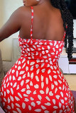 Red Fashion Sexy Print Backless Slit V Neck Sling Dress Dresses