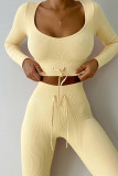 Yellow Casual Sportswear Solid Frenulum V Neck Long Sleeve Two Pieces