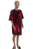Burgundy Fashion Casual Print Basic O Neck T-shirt Dress