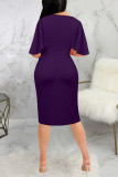 Burgundy Fashion Casual Solid Basic O Neck Short Sleeve Dress