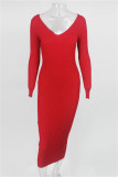 Red Fashion Casual Solid Basic V Neck Long Sleeve Dresses