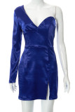 Blue Sexy Solid Split Joint Slit Asymmetrical Asymmetrical Collar One Step Skirt Dresses