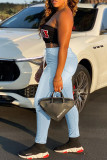 Medium Blue Fashion Casual Solid Frenulum Mid Waist Skinny Denim Jeans