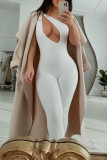 Apricot Sexy Casual Solid Hollowed Out Backless One Shoulder Skinny Jumpsuits