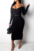 Black Fashion Casual Solid Basic V Neck Long Sleeve Dresses