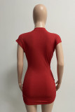 Red Sexy Solid Patchwork V Neck One Step Skirt Dresses