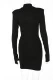 Black Sexy Solid Hollowed Out Patchwork Half A Turtleneck One Step Skirt Dresses