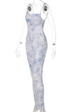 Blue Sexy Print Patchwork Draw String Fold Spaghetti Strap One Step Skirt Dresses