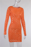 Orange Fashion Sexy Solid Hollowed Out See-through O Neck Long Sleeve Dresses