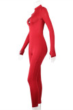 Red Fashion Sexy Solid Hollowed Out Backless Half A Turtleneck Skinny Jumpsuits