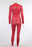 Red Fashion Sexy Solid Hollowed Out See-through Half A Turtleneck Skinny Jumpsuits
