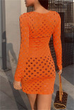 Orange Fashion Sexy Solid Hollowed Out See-through O Neck Long Sleeve Dresses