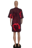 Burgundy Fashion Casual Print Basic O Neck T-shirt Dress