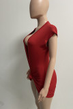 Red Sexy Solid Patchwork V Neck One Step Skirt Dresses