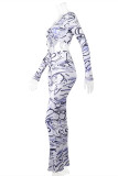 Colour Fashion Casual Print Draw String Frenulum V Neck Long Sleeve Two Pieces