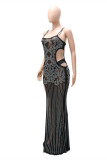 Black Fashion Sexy Hot Drilling Hollowed Out See-through Backless Slit Spaghetti Strap Long Dress