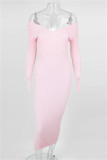 Pink Fashion Casual Solid Basic V Neck Long Sleeve Dresses