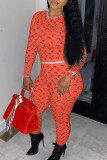 Tangerine Sexy Print Patchwork O Neck Long Sleeve Two Pieces