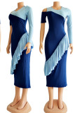 Blue Casual Solid Split Joint Flounce Asymmetrical O Neck One Step Skirt Dresses