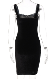 Black Sexy Solid Tassel Square Collar Pencil Skirt Dresses